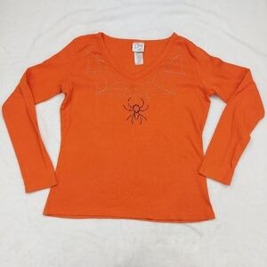 FASHION BUG WOMEN'S ORANGE HALLOWEEN RHINESTONE SPIDER AND WEB TSHIRT SIZE SMALL